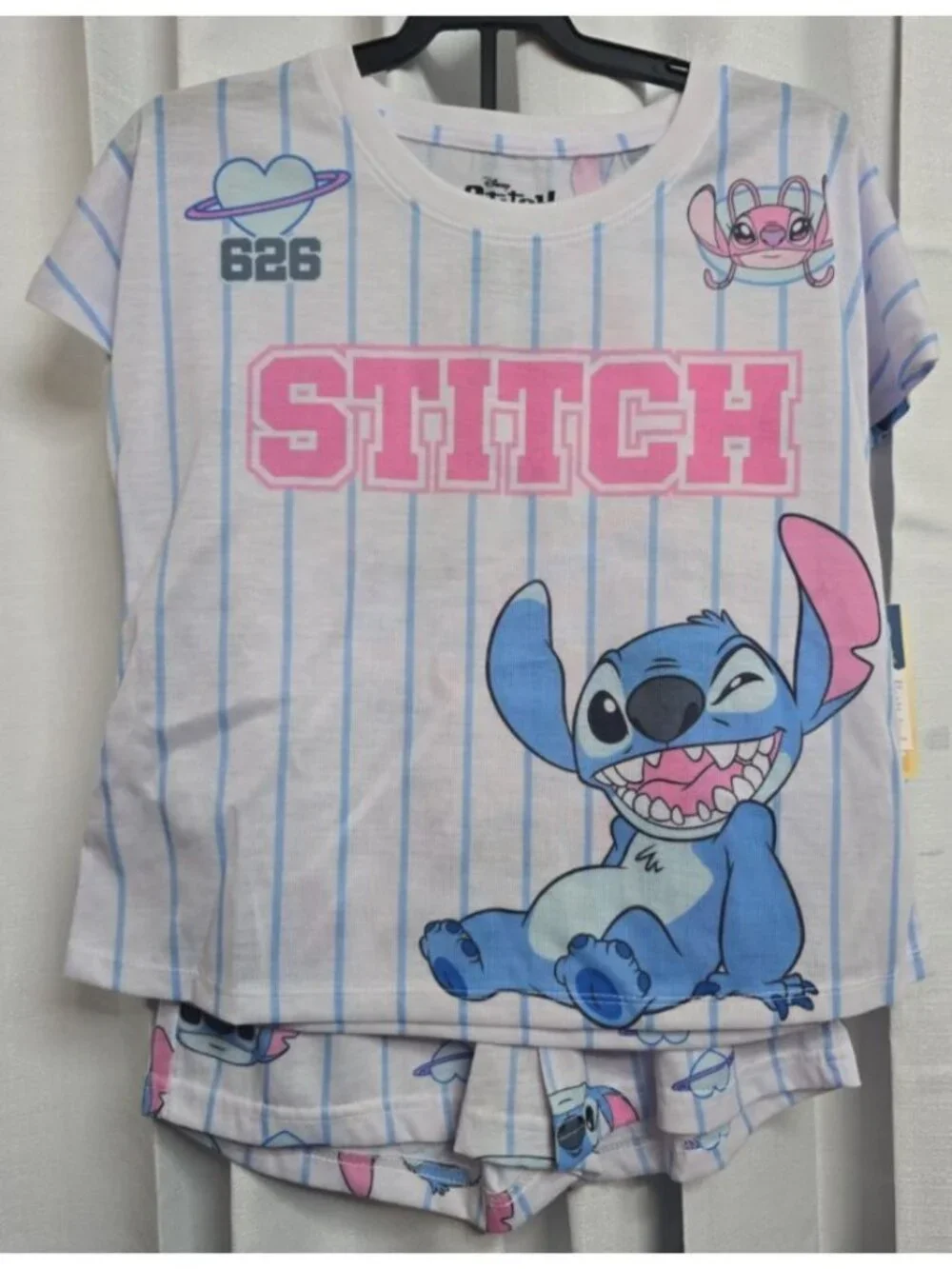 Stitch Girls Size Medium (7/8) Pajama Short Set Blue Striped Short-Sleeved